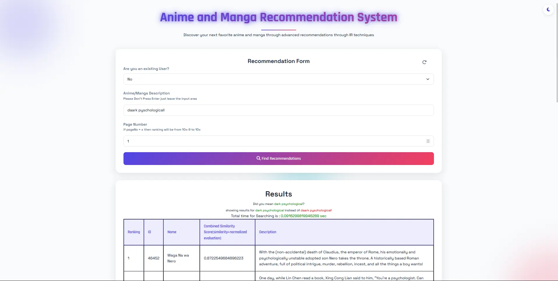 Recommendation System - An information retrieval system that recommends anime and manga using TF-IDF vector similarity, query spell correction, inverted indices, and user feedback refinement.
