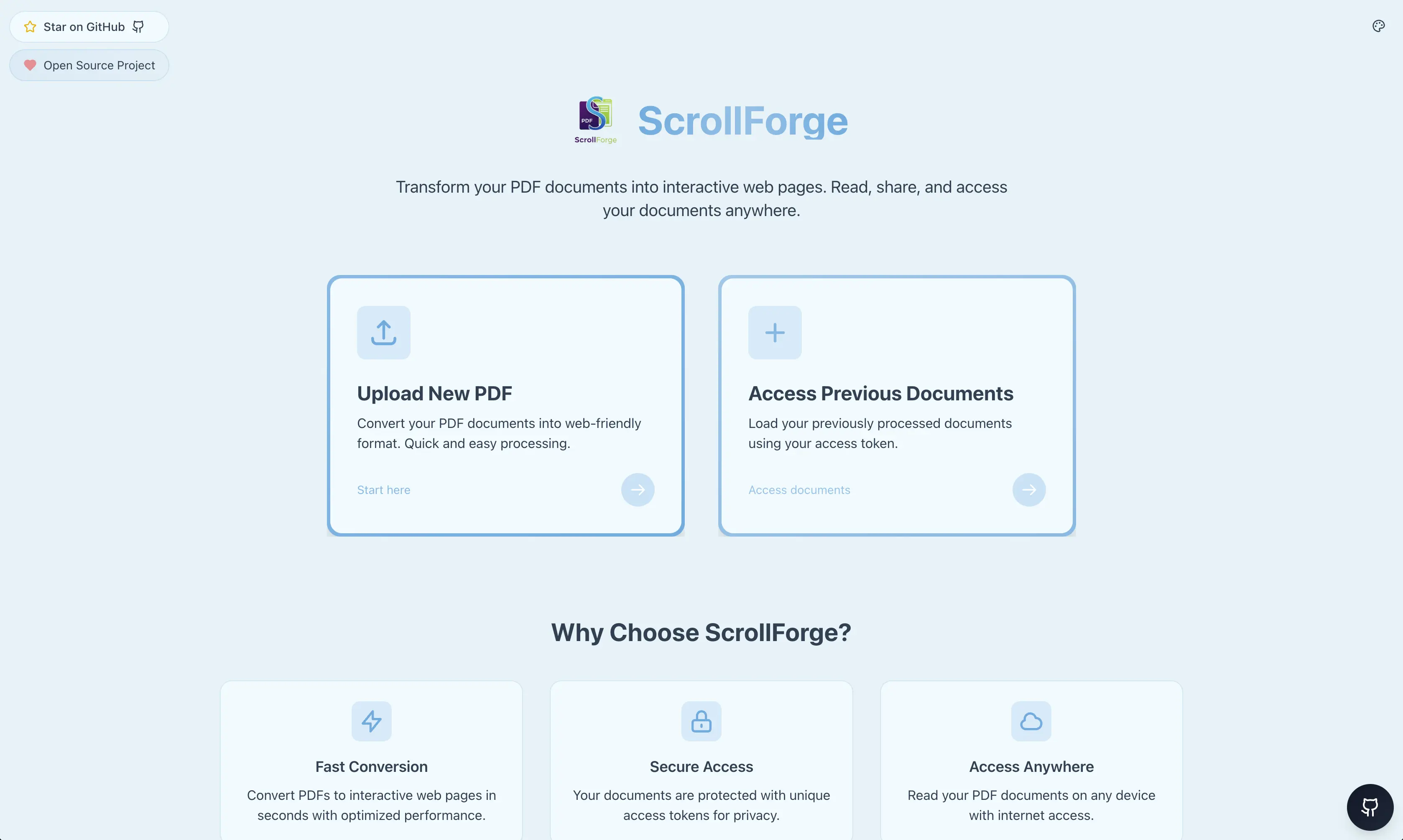 ScrollForge - A free, open-source PDF-to-website converter that transforms documents into interactive, responsive HTML pages with token-based sharing and a modern reading UI.
